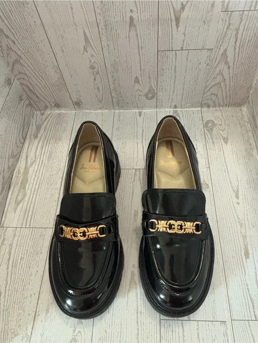 Sam Edelman Black Patent Loafers with Gold Hardware - Kids